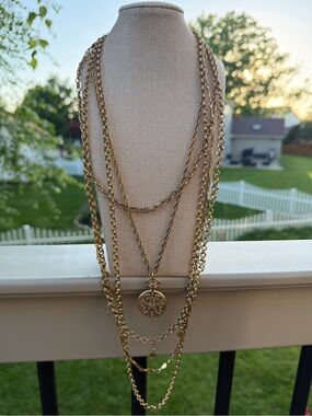 Napier Gold Tone Multi Strand Statement Necklace Ornate Pendant Layered Chain